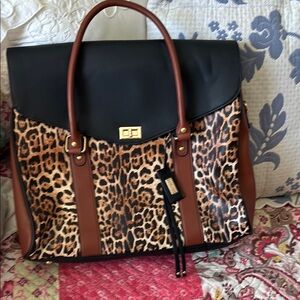 Leopard Print Women's Bag with Black and Brown Accents